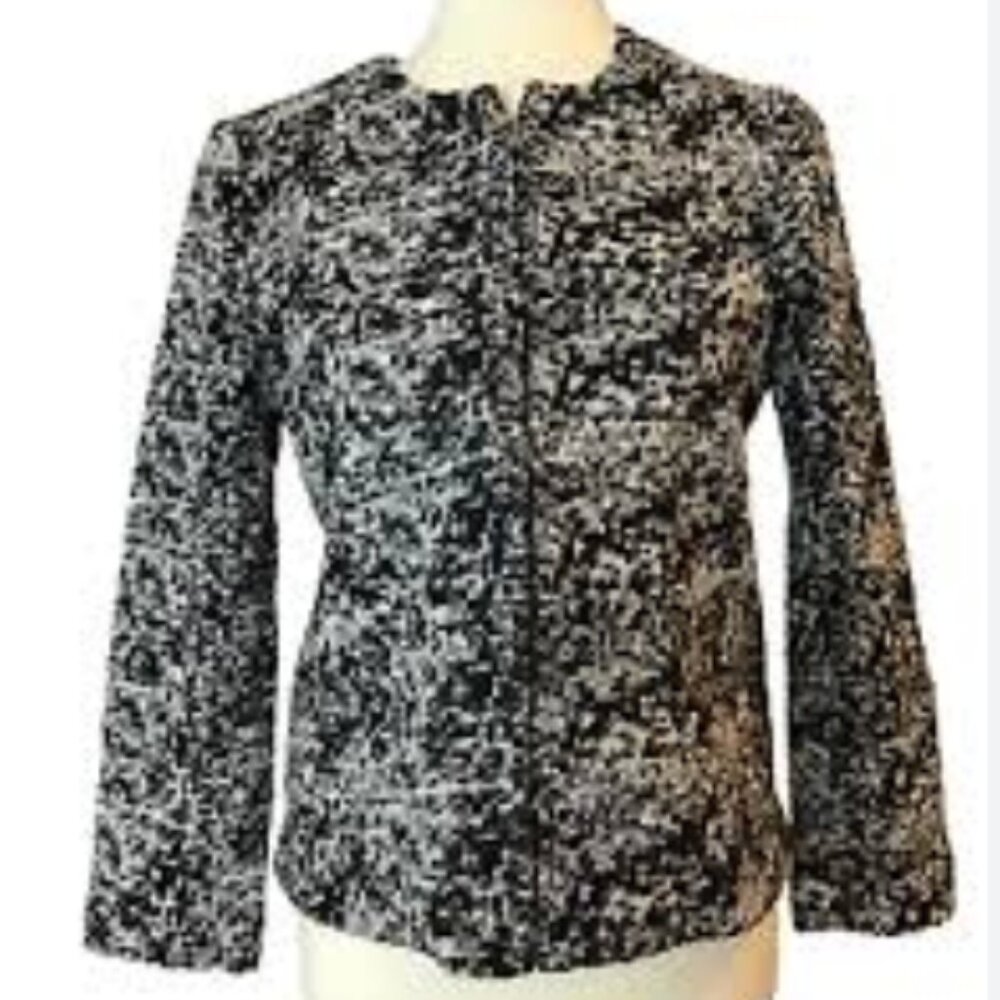 Ann‎ Taylor Wool Blend Chunky Tweed Blazer Women's Medium Black White Zip Front